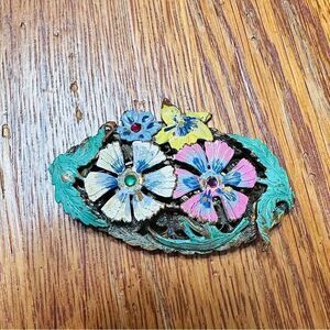 Vintage Czechoslovakian Pot Enamel Metal Oval Floral Brooch with rhinestones